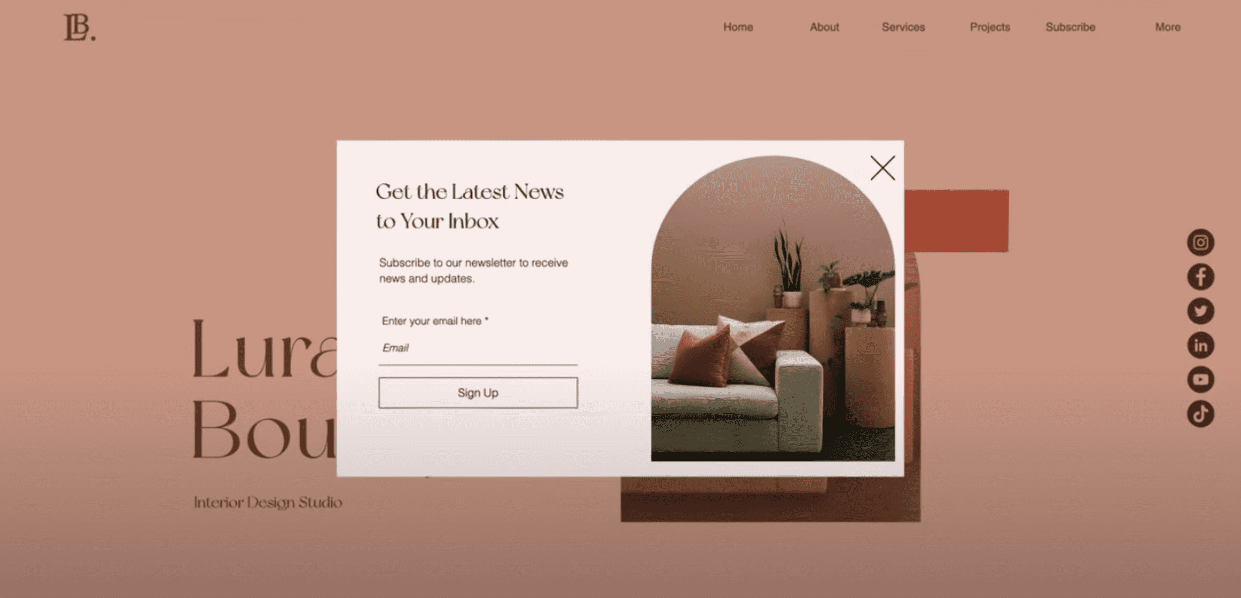 Image showing newsletter lightbox in the Wix editor